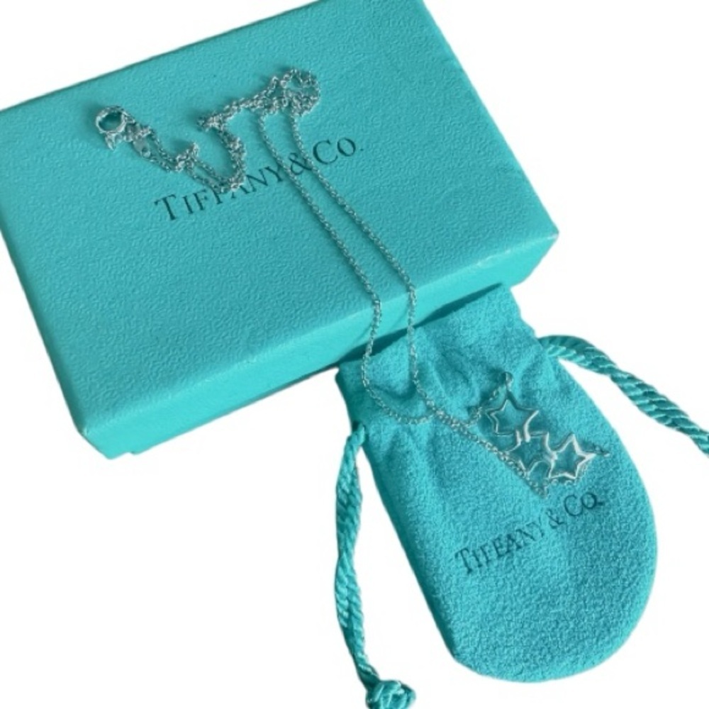 Tiffany & Co Sterling Silver Open Triple Star Necklace 925 w Box & Pouch